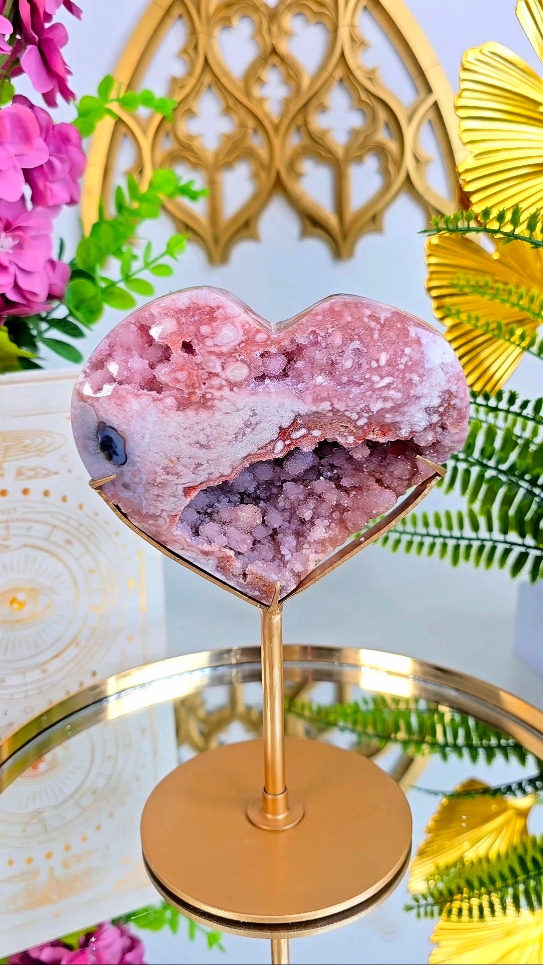Pink Amethyst x Flower Agate Heart on Stand 07
