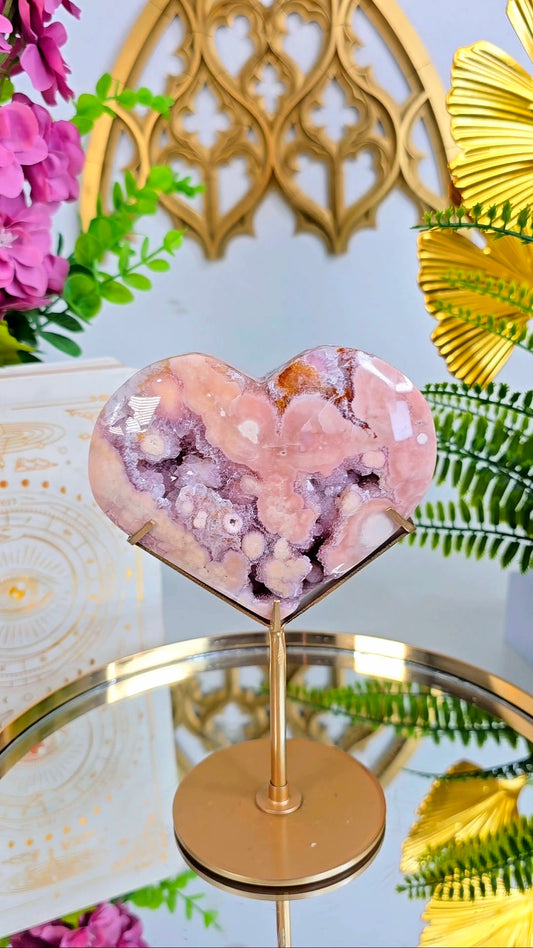 Pink Amethyst x Flower Agate Heart on Stand 05