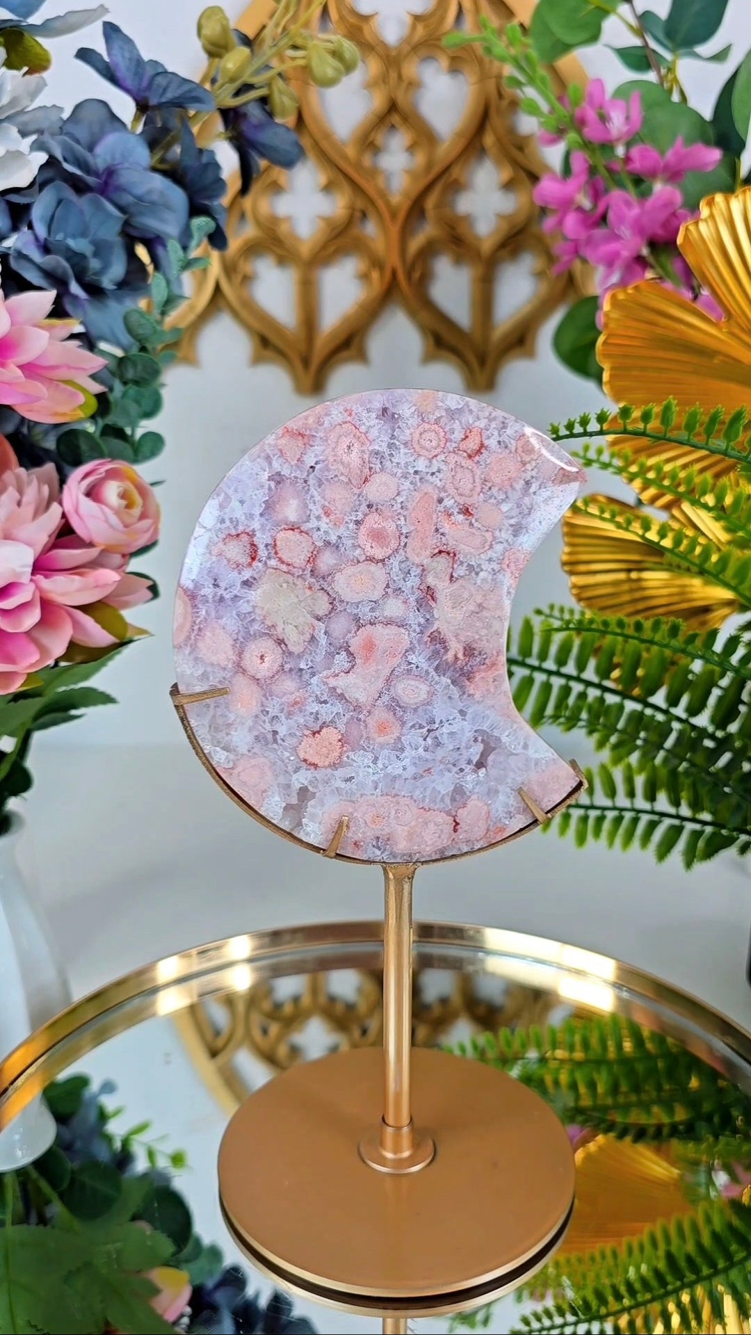 Pink Amethyst x Flower Agate Moon on Stand 02