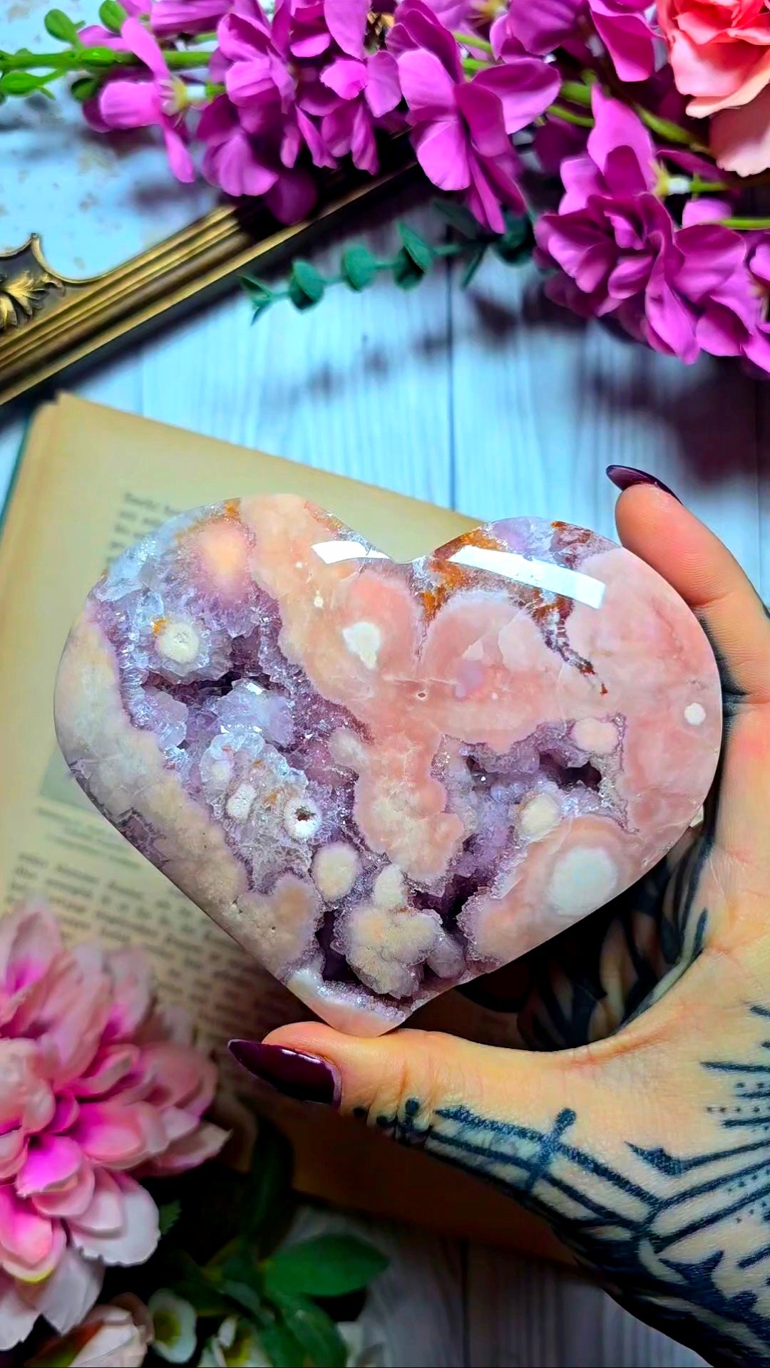 Pink Amethyst x Flower Agate Heart on Stand 05