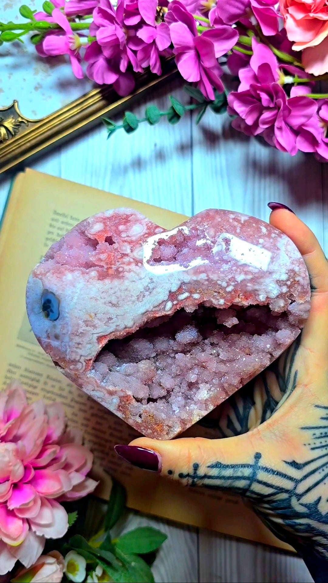 Pink Amethyst x Flower Agate Heart on Stand 07