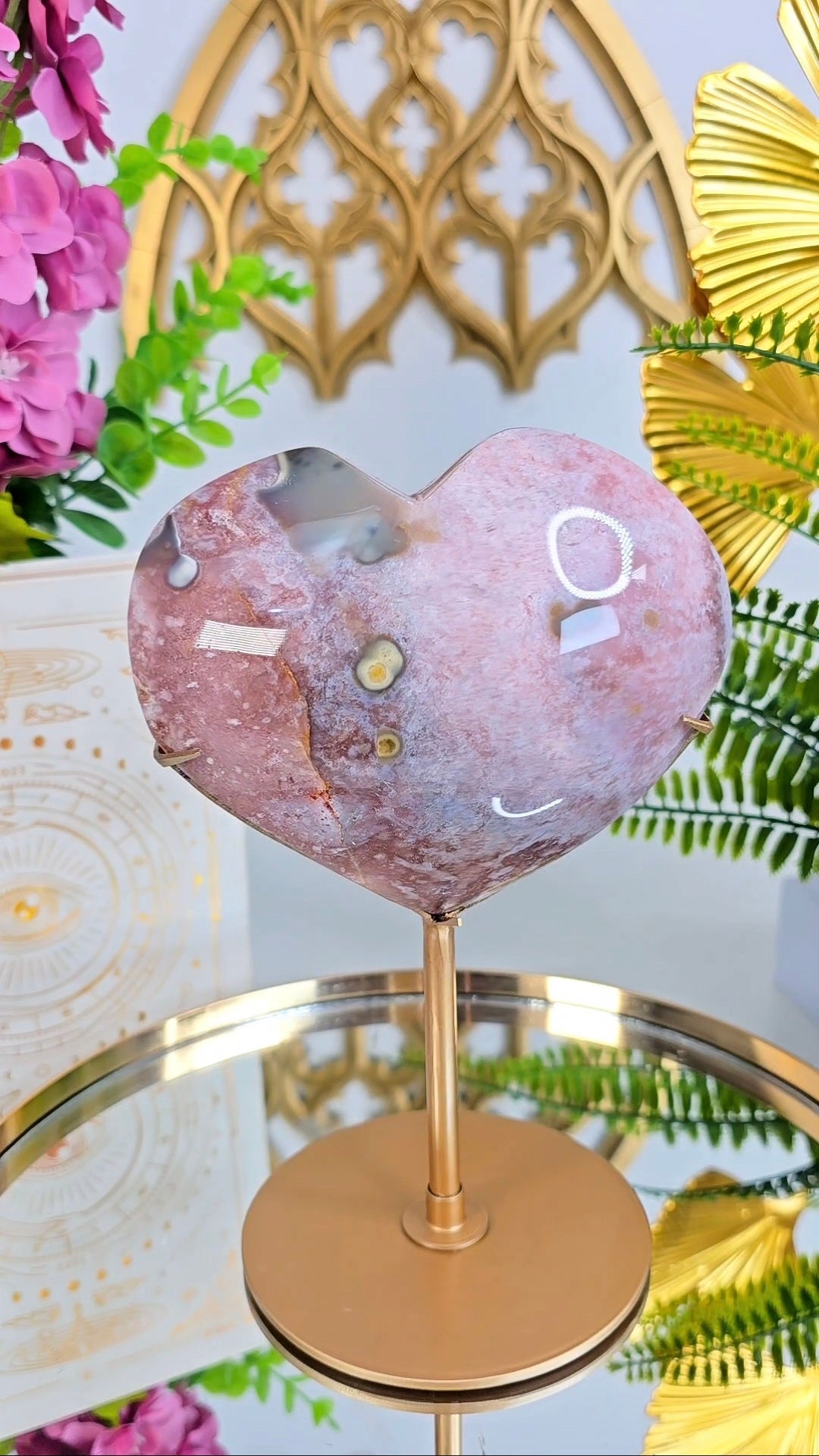 Pink Amethyst x Flower Agate Heart on Stand 07