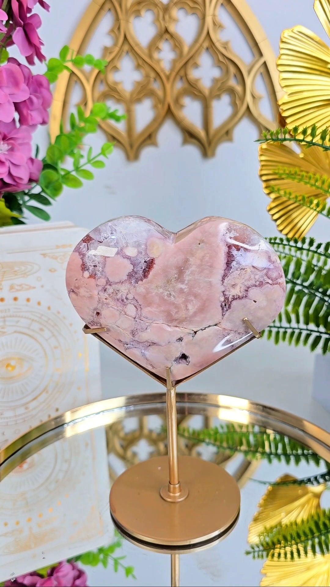Pink Amethyst x Flower Agate Heart on Stand 05