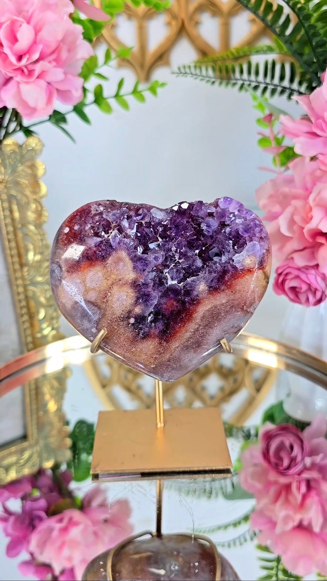 Pink Amethyst Heart on stand H106