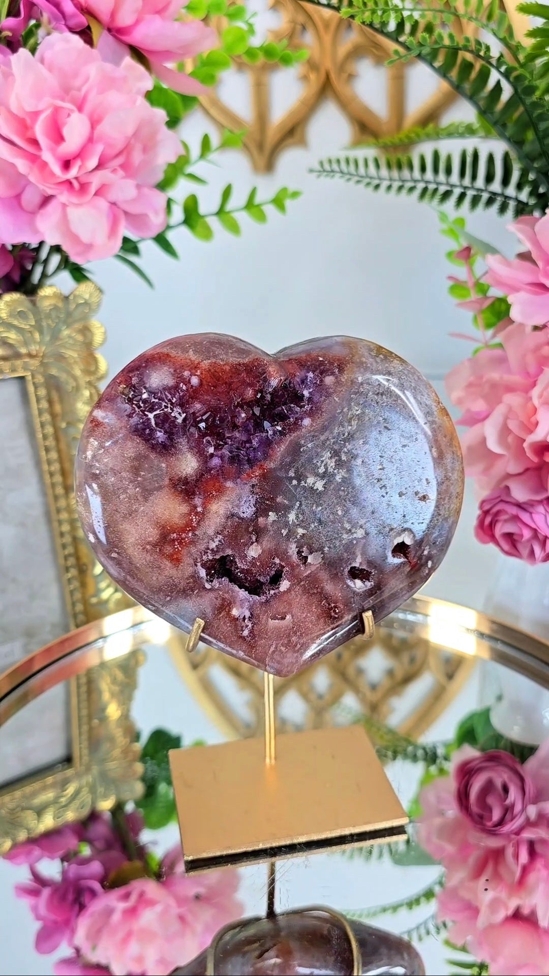 Pink Amethyst Heart on stand H109