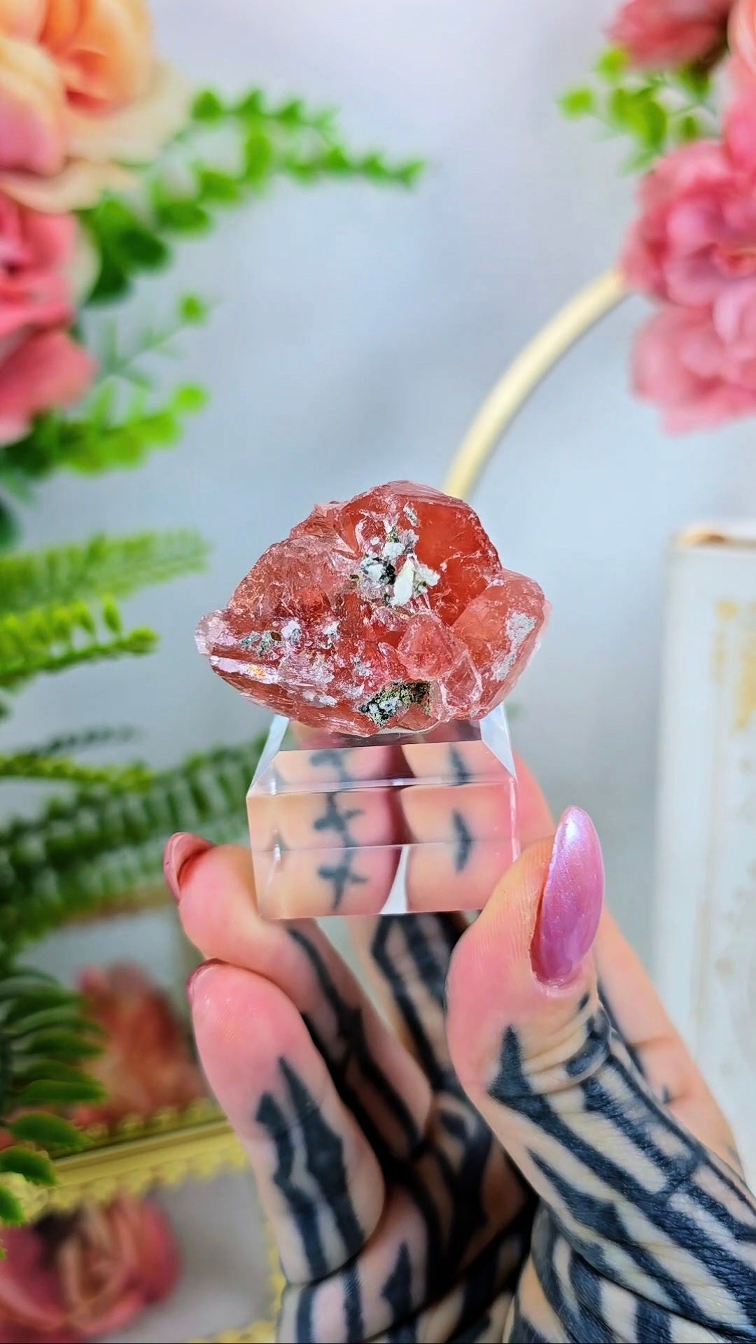 Pink "Strawberry" Fluorite with muscovite on Base 02