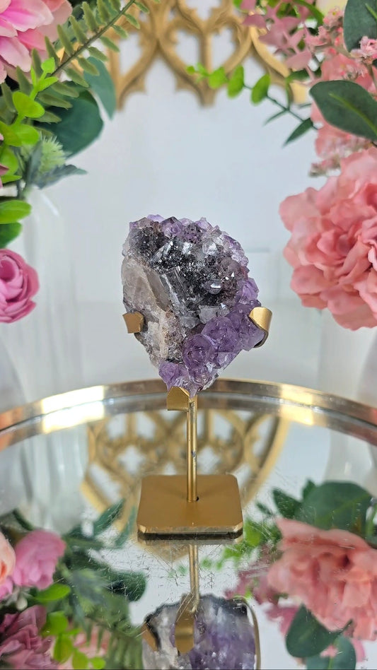 Druzy Amethyst with Calcite and Hematite on Stand 165