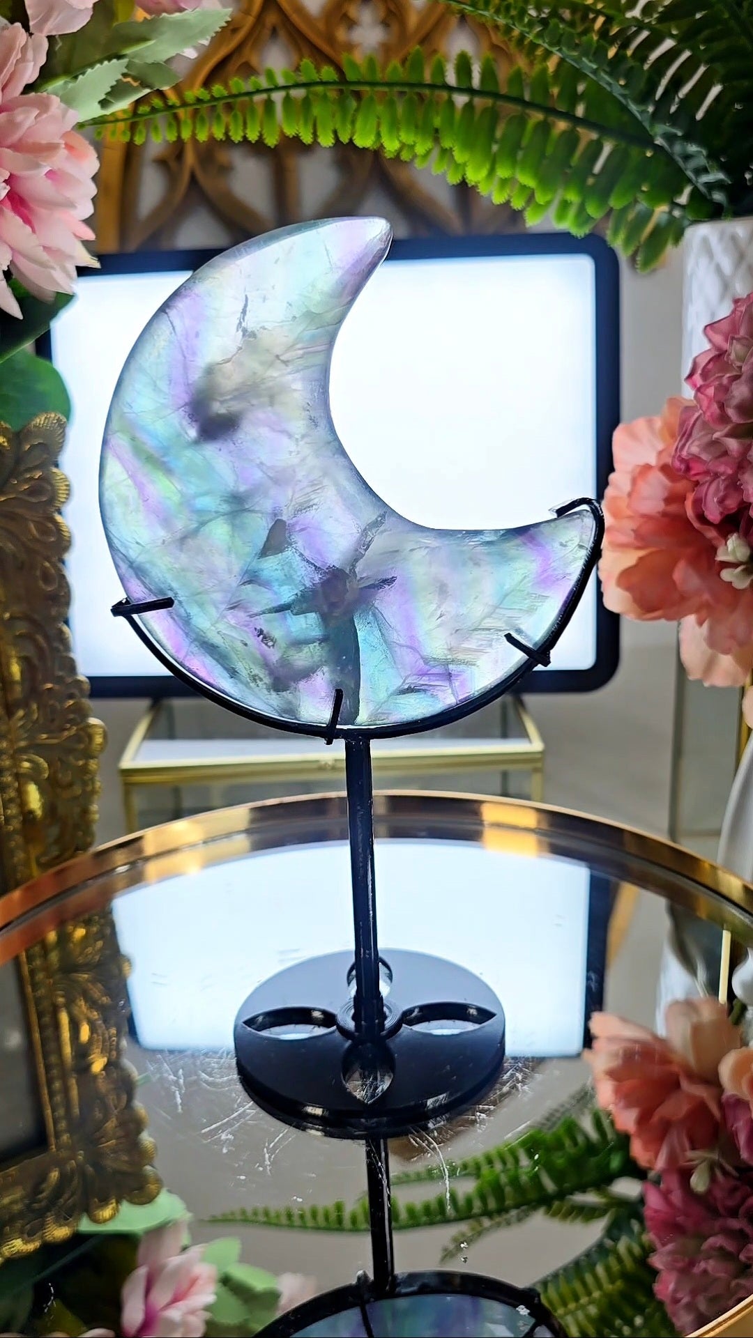 Rainbow Fluorite Moon on Stand 03