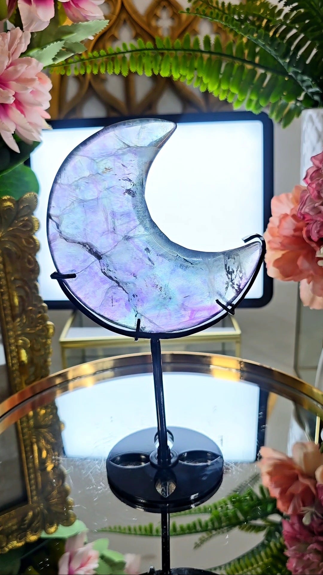 Rainbow Fluorite Moon on Stand 02