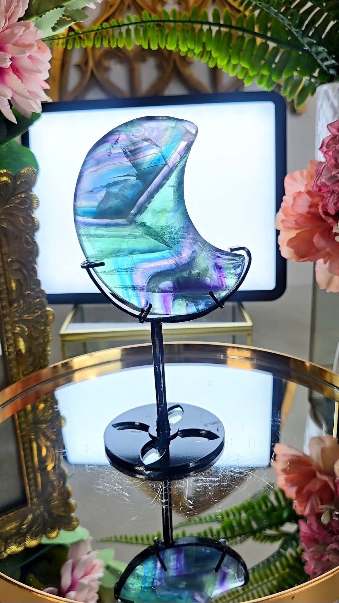 Rainbow Fluorite Moon on Stand 01