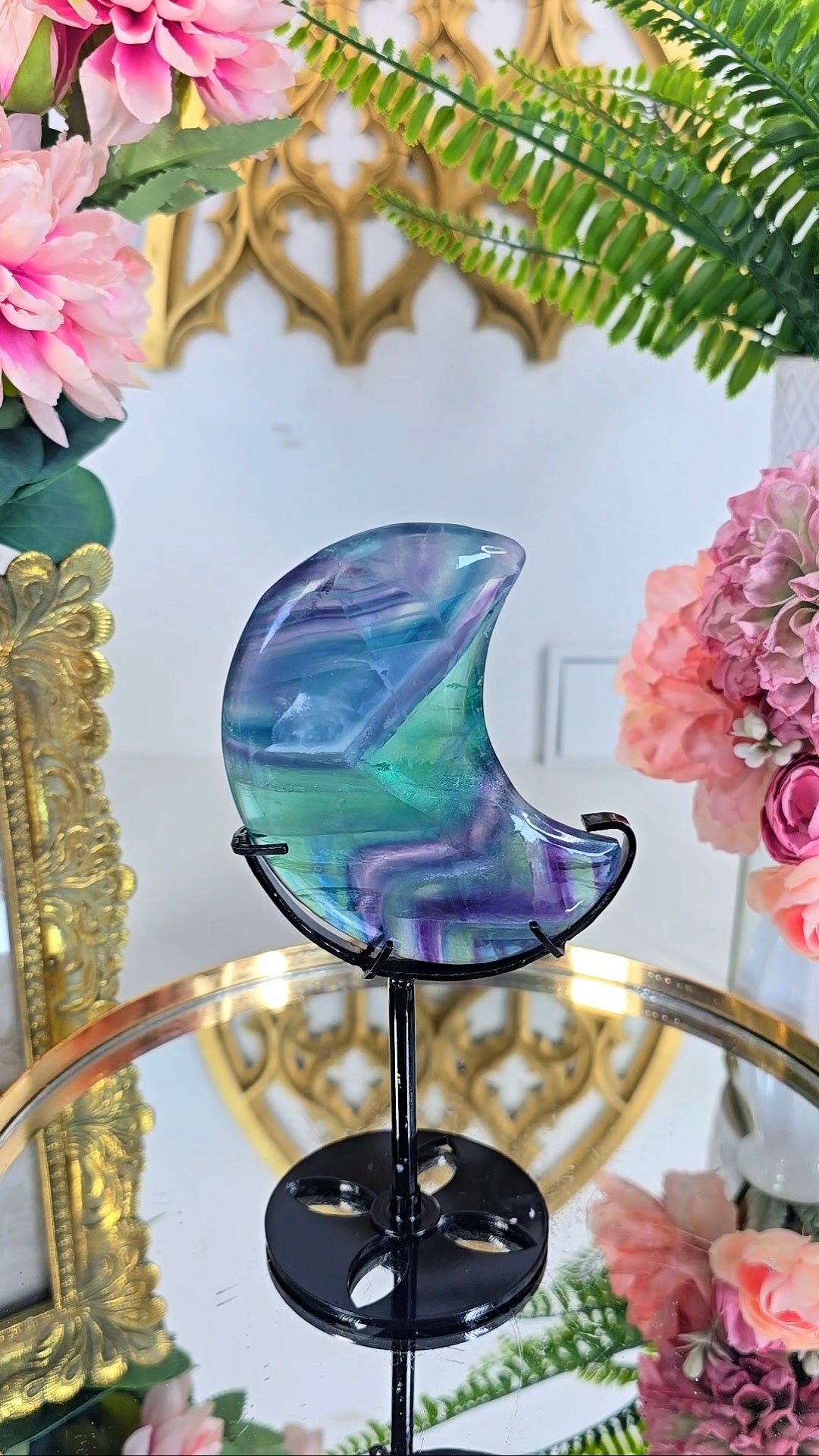 Rainbow Fluorite Moon on Stand 01