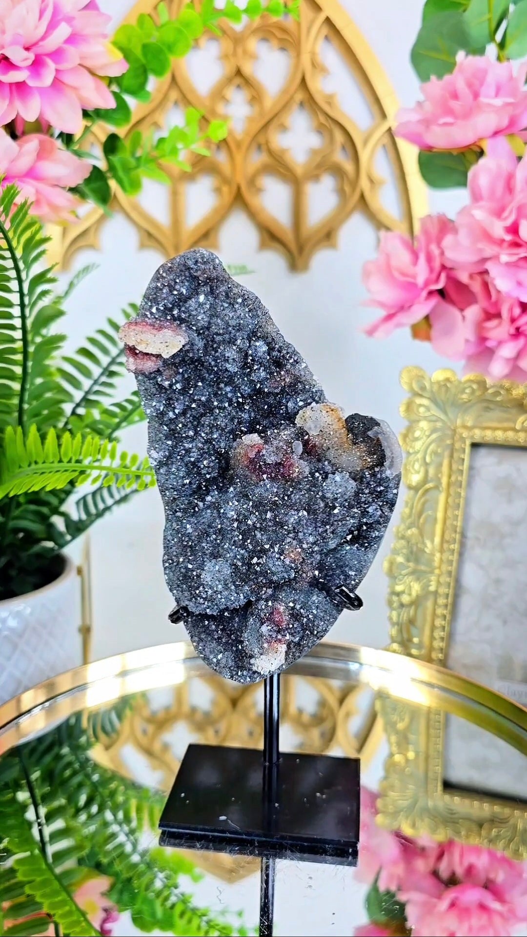 Rainbow Amethyst with Calcite and Hematite on Stand 193