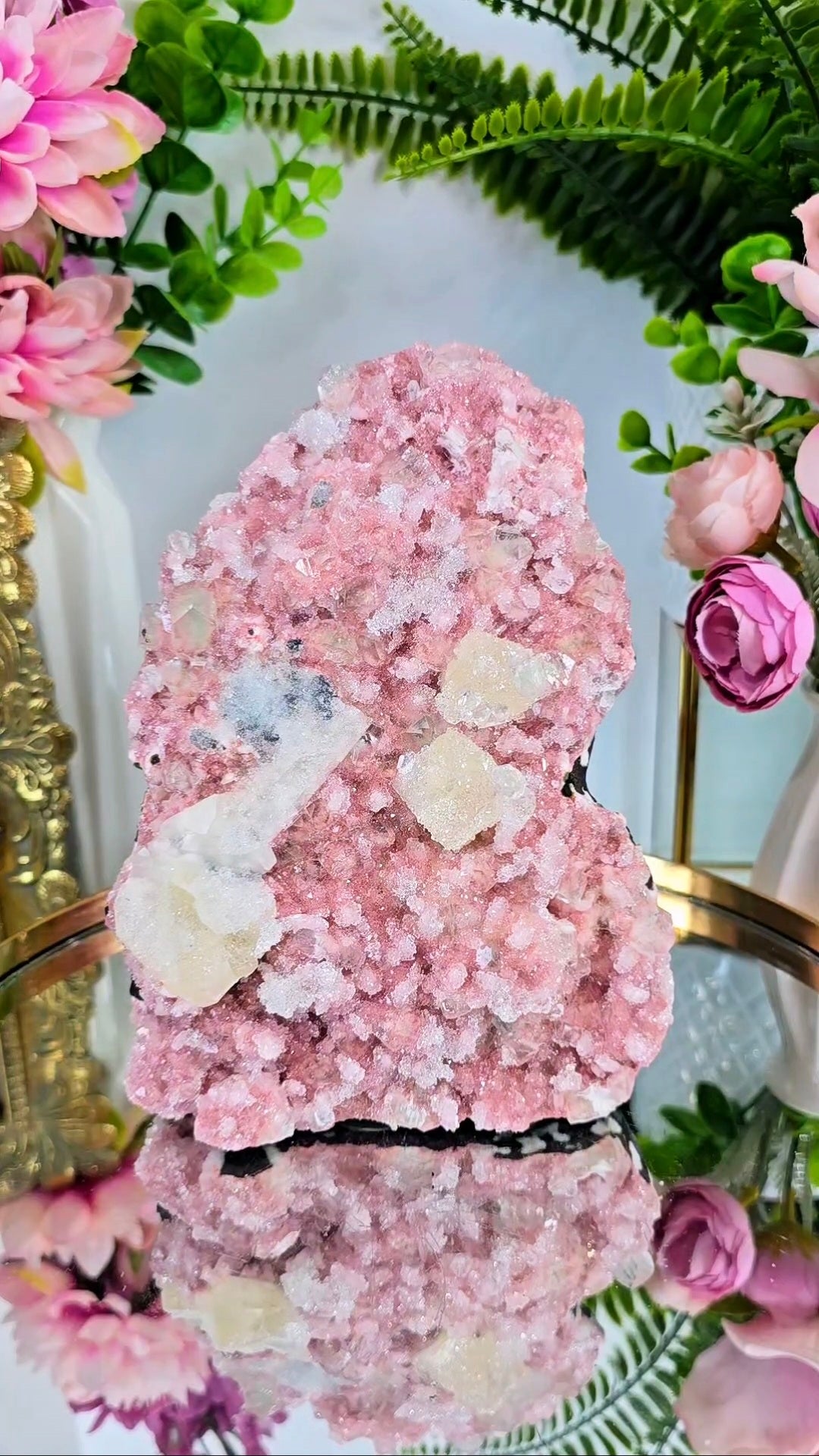 BIG Pink Heulandite with Green Apophyllite and Calcite (Freestanding) 07