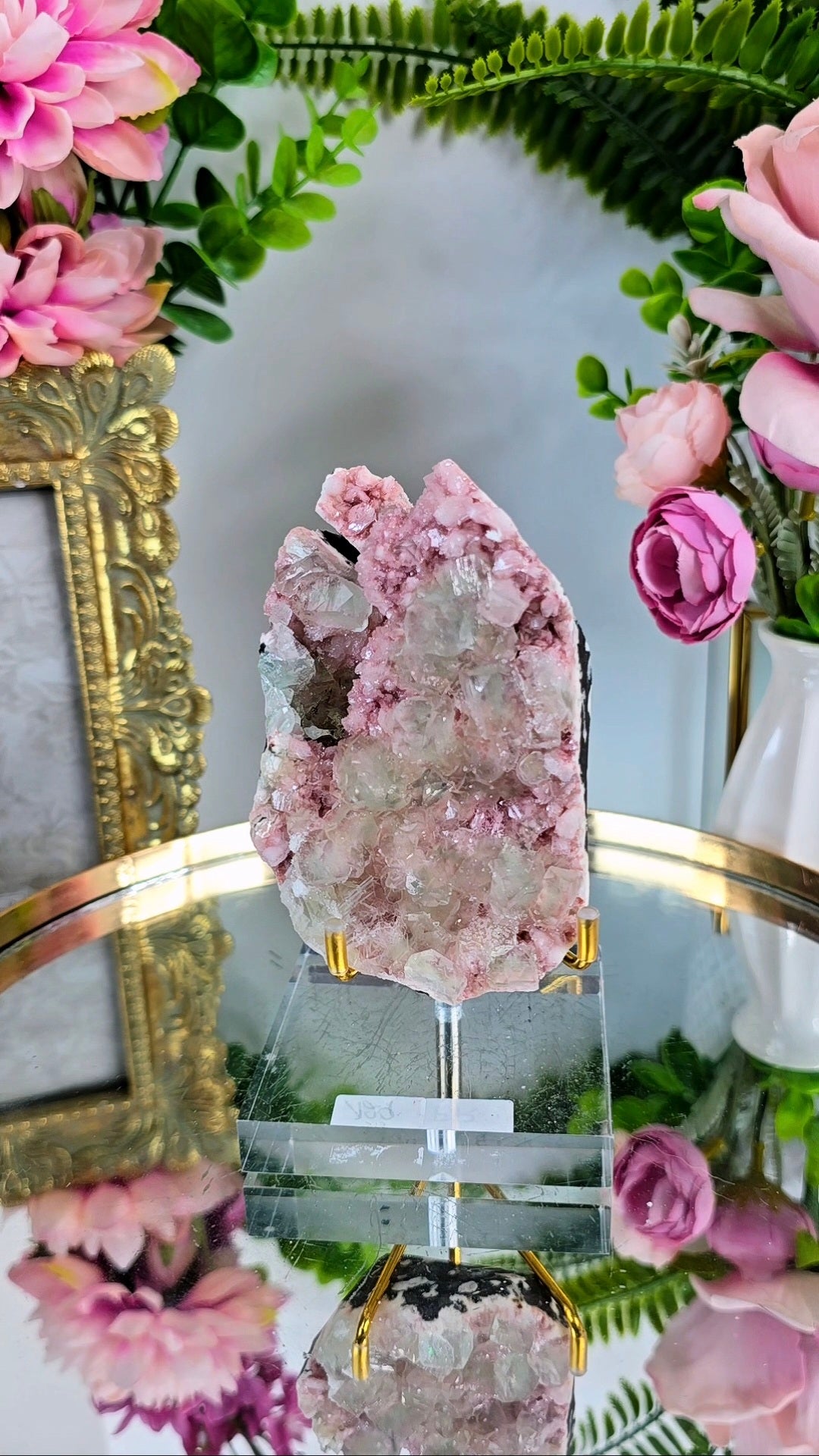Pink Heulandite with Green Apophyllite on stand 05