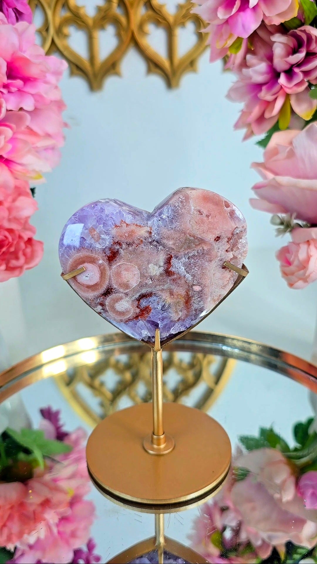 Pink Amethyst x Flower Agate Heart on Stand 10