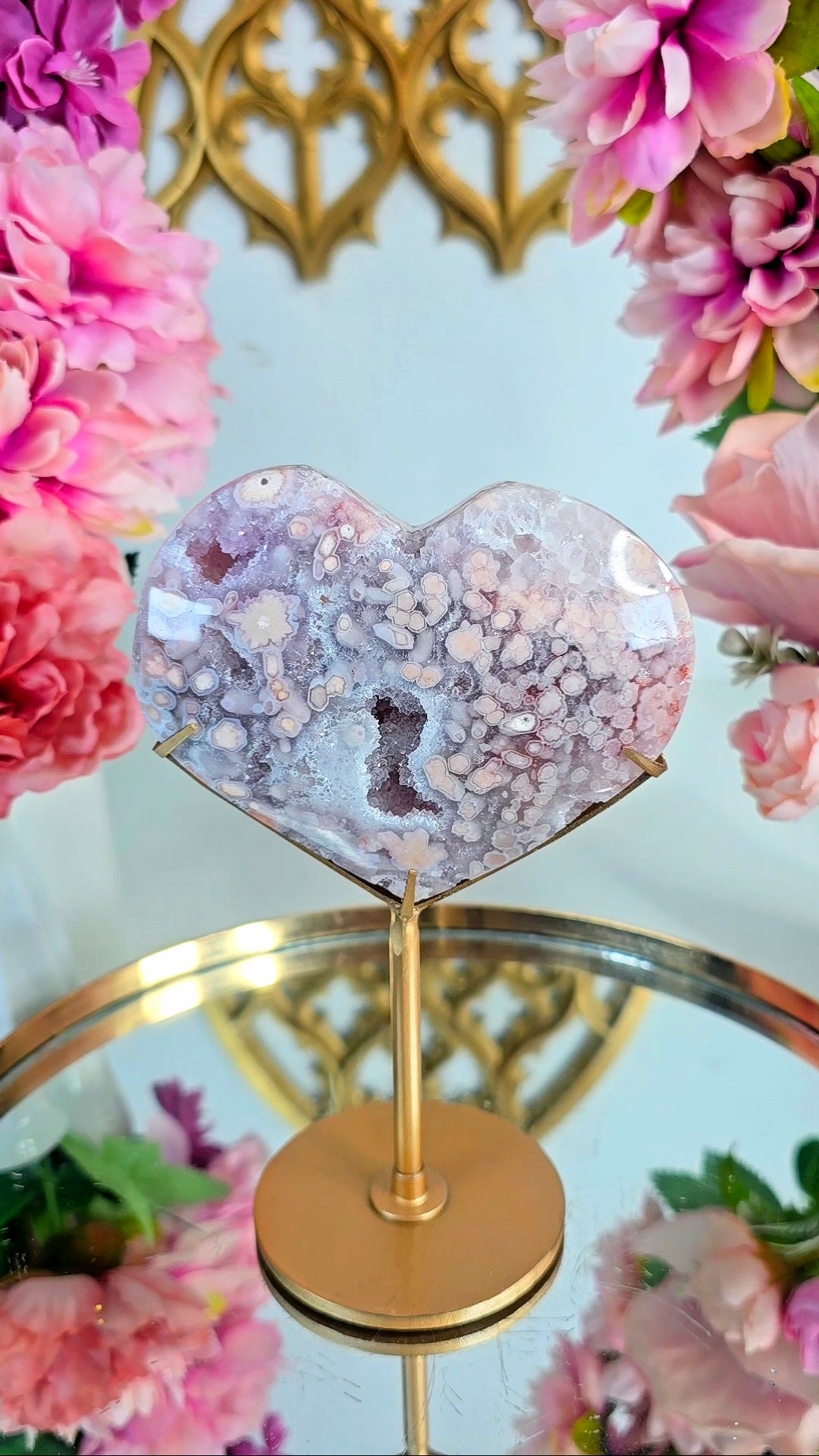 Pink Amethyst x Flower Agate Heart on Stand 12