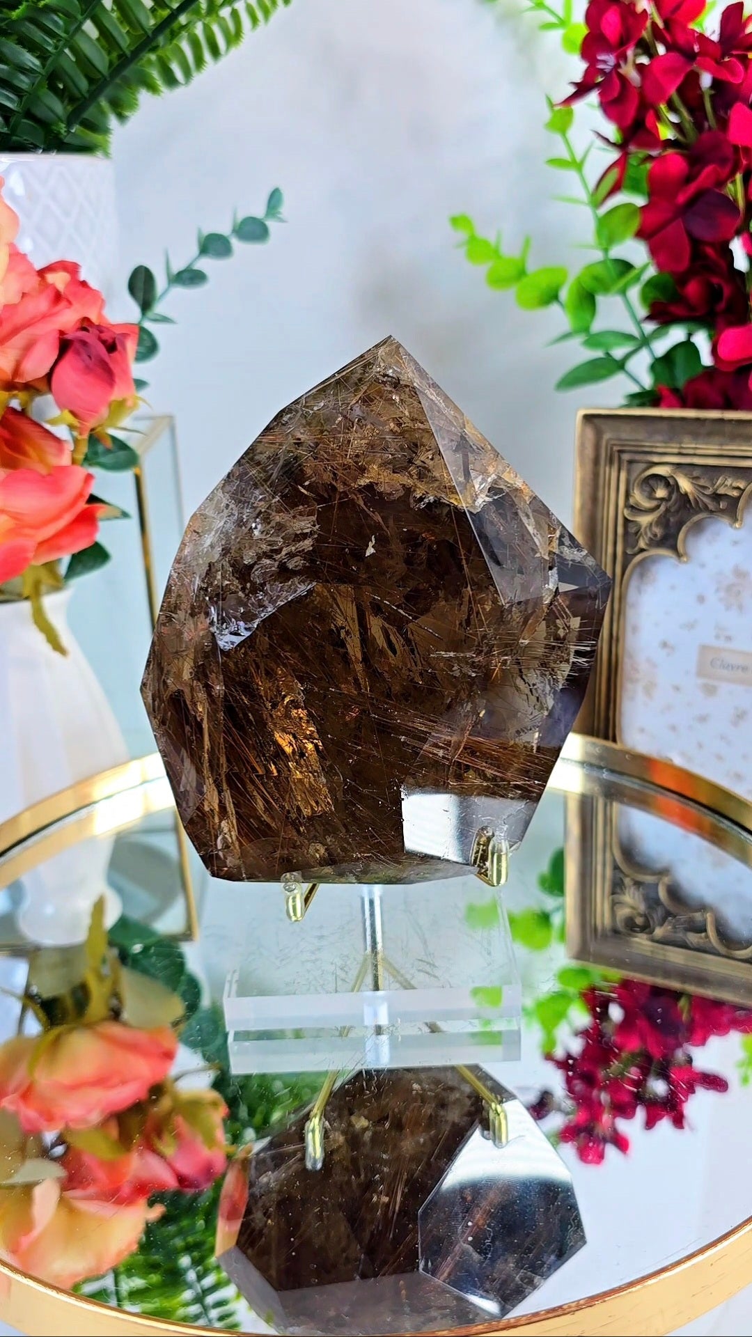 Big Smoky Rutile Quartz on stand
