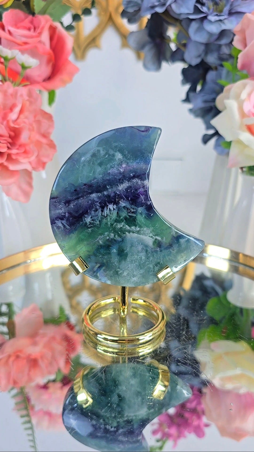 Rainbow Feather Fluorite Moon on Stand 07