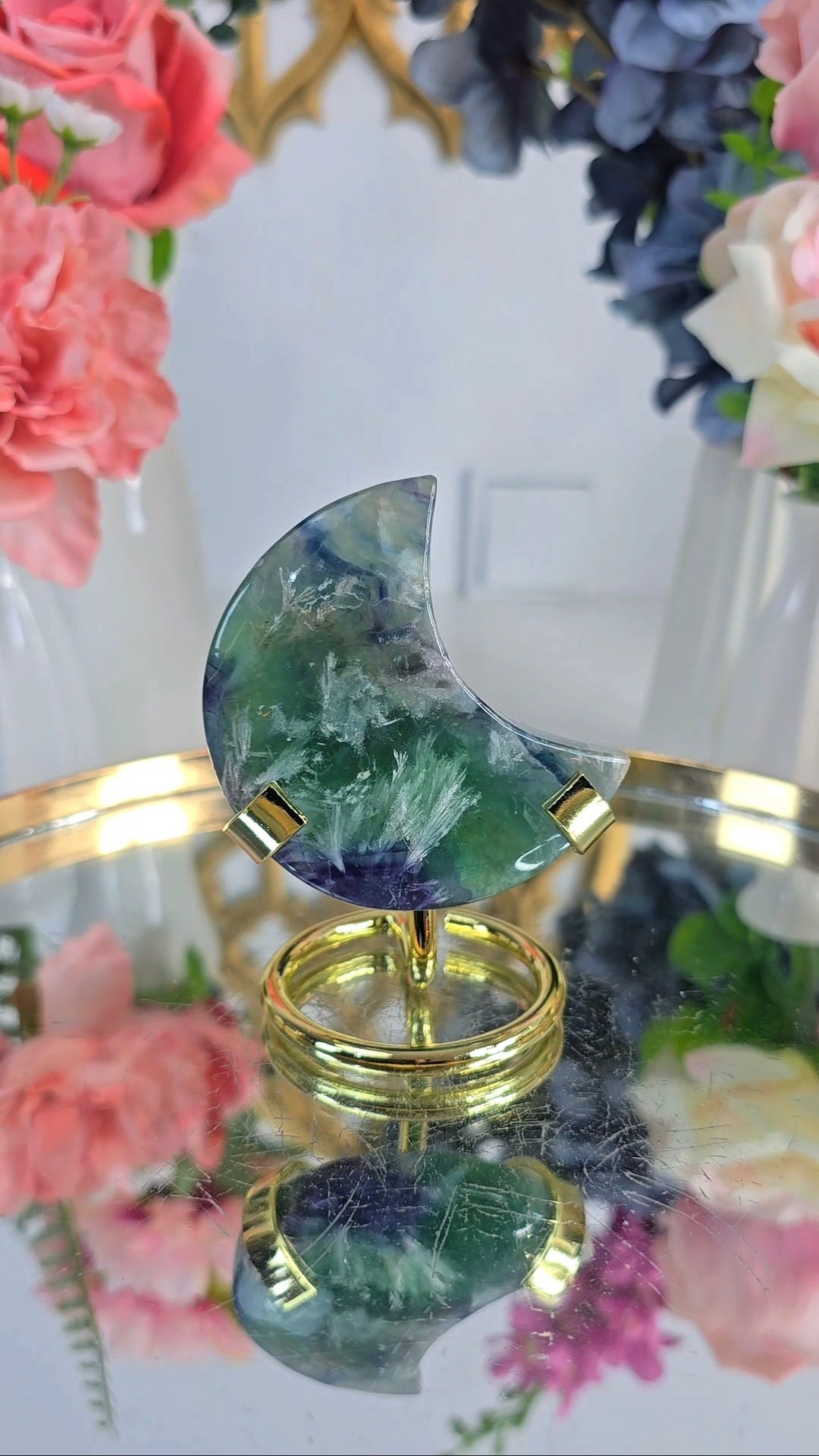 Rainbow Feather Fluorite Moon on Stand 05