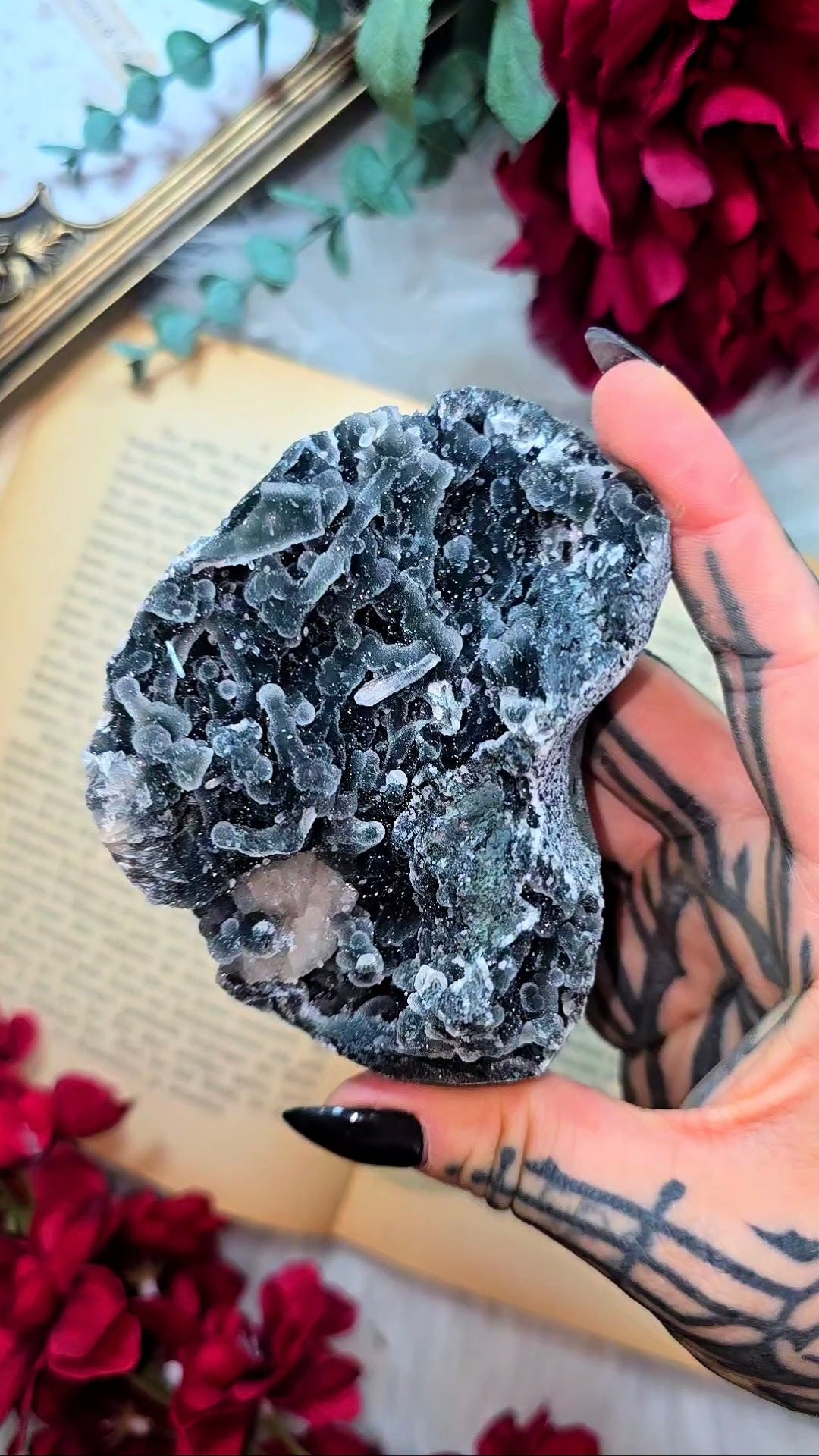 Sparkly Black Chalcedony with Stilbite (freestanding)