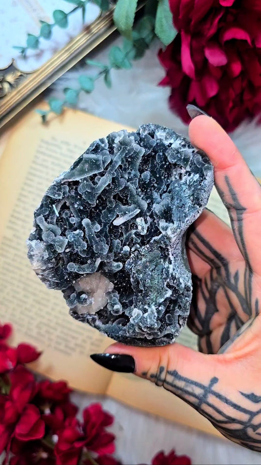 Sparkly Black Chalcedony with Stilbite (freestanding)
