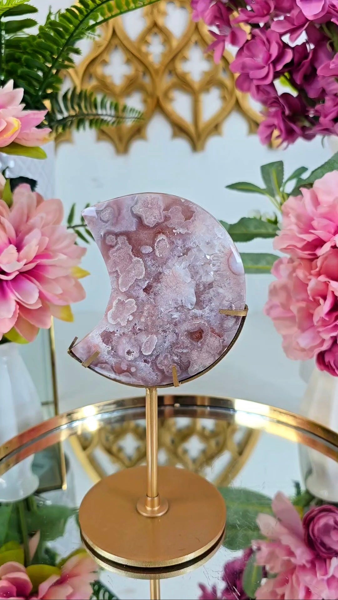 Pink Amethyst x Flower Agate Moon on Stand