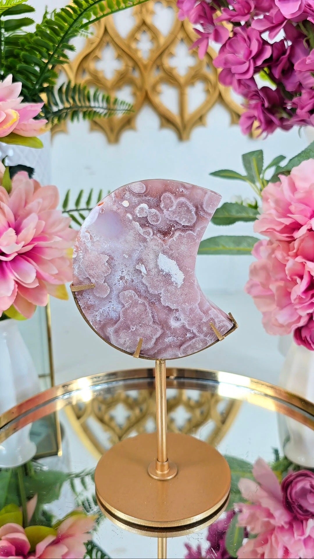 Pink Amethyst x Flower Agate Moon on Stand