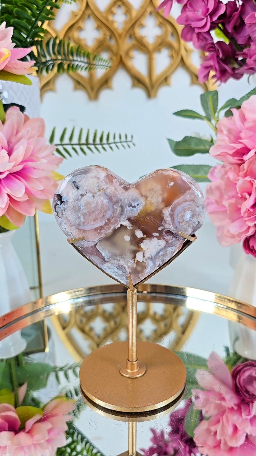 Pink Amethyst x Flower Agate Heart on Stand 10