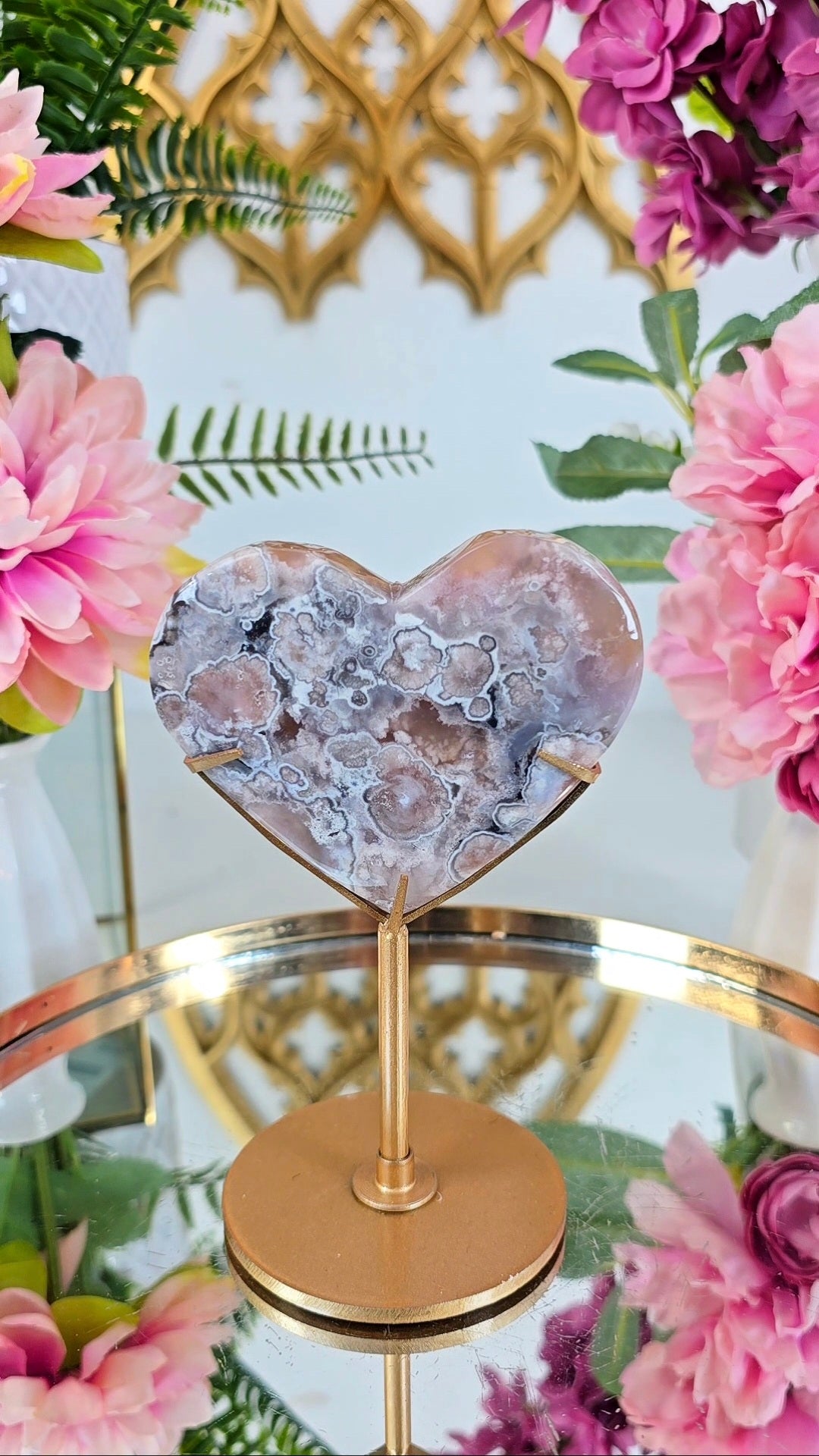 Pink Amethyst x Flower Agate Heart on Stand 10