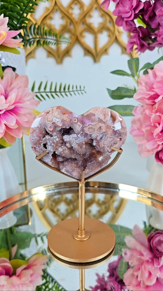 Pink Amethyst x Flower Agate Heart on Stand 11