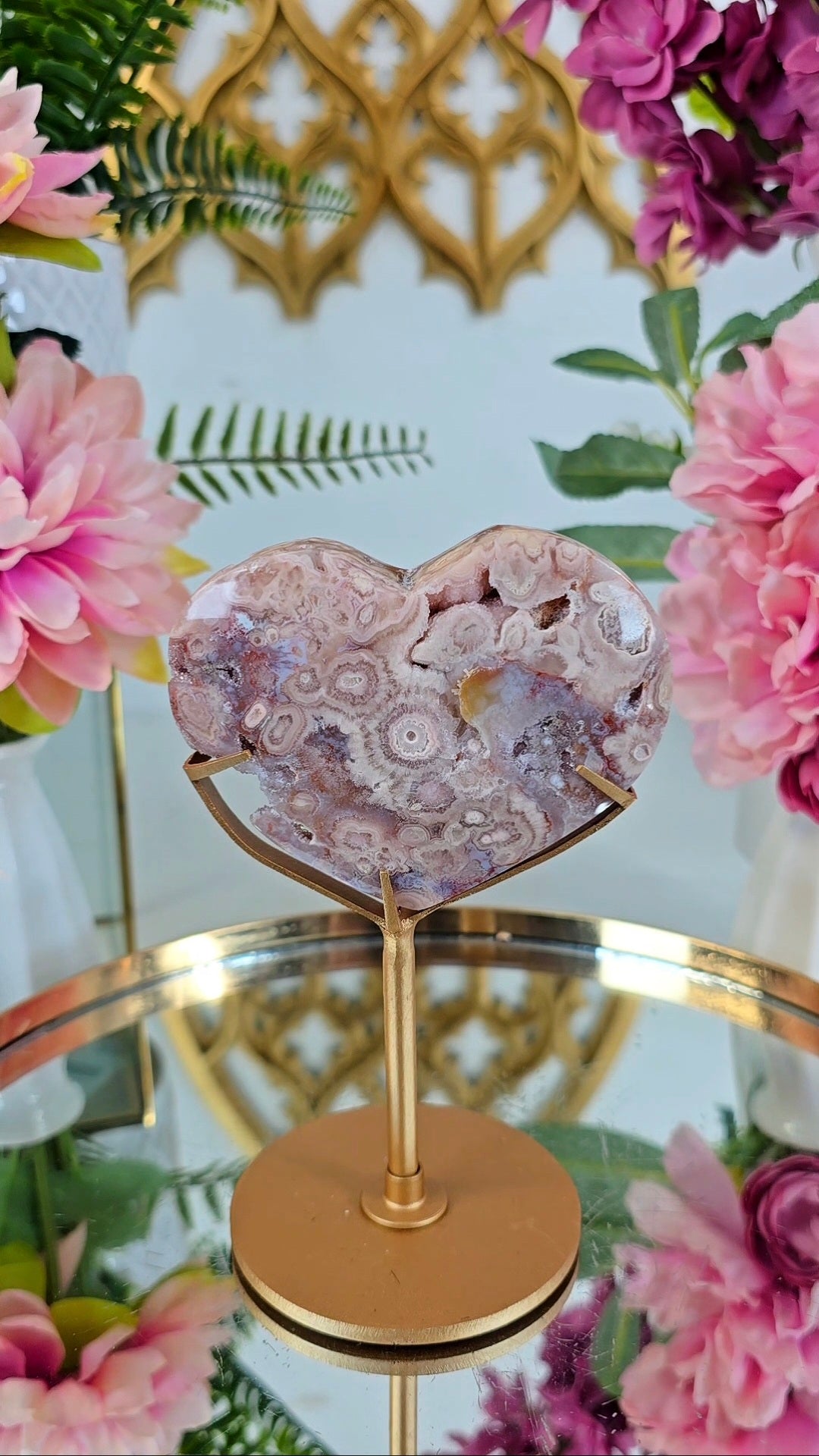 Pink Amethyst x Flower Agate Heart on Stand 11