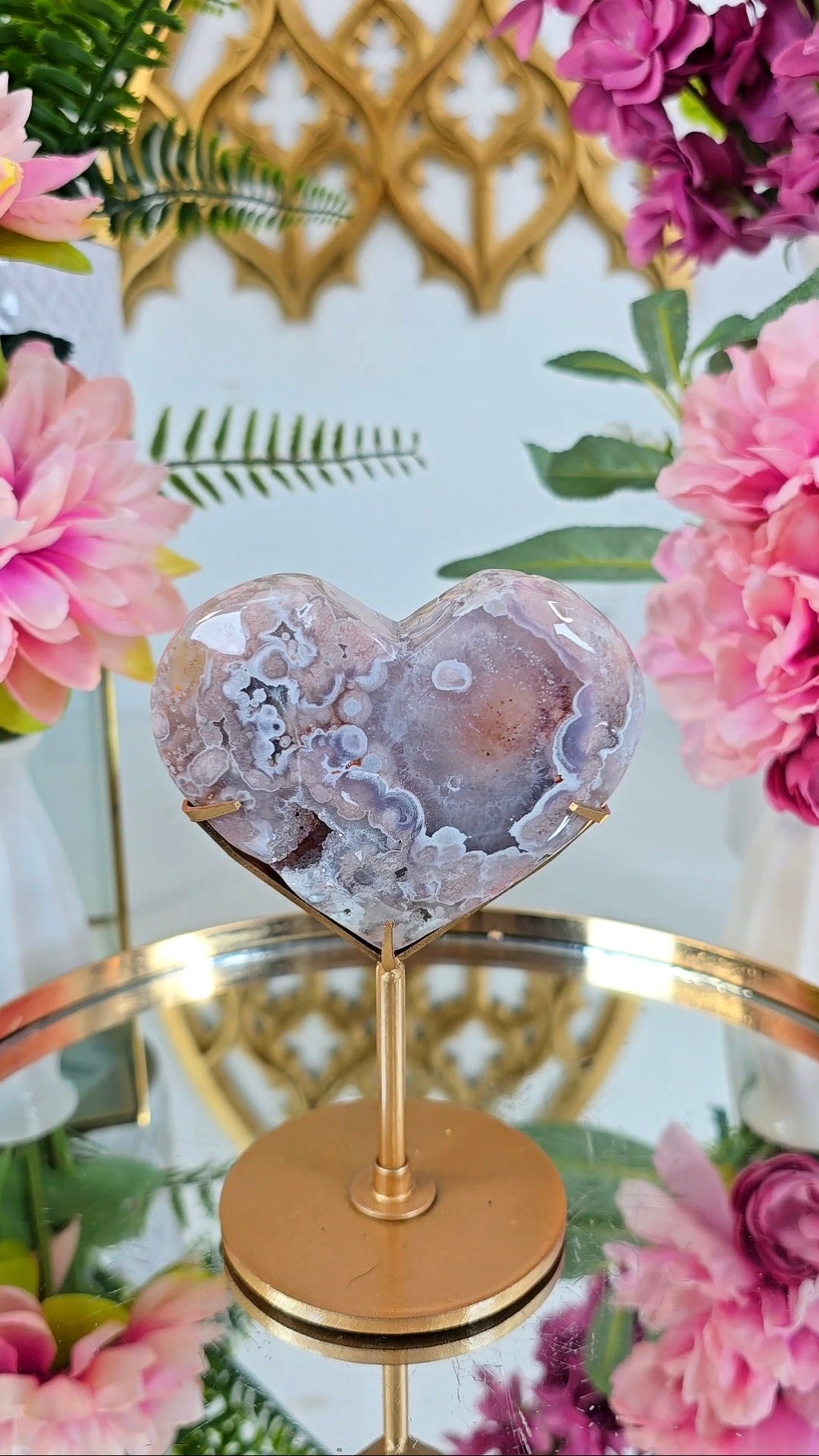 Pink Amethyst x Flower Agate Heart on Stand 12