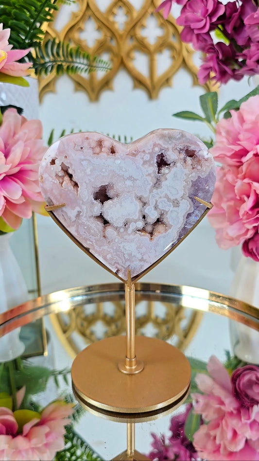 Pink Amethyst x Flower Agate Heart on Stand 13