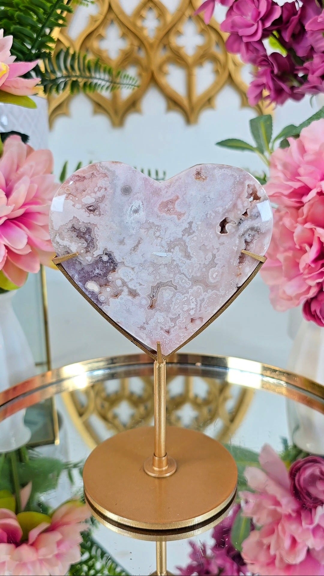 Pink Amethyst x Flower Agate Heart on Stand 13