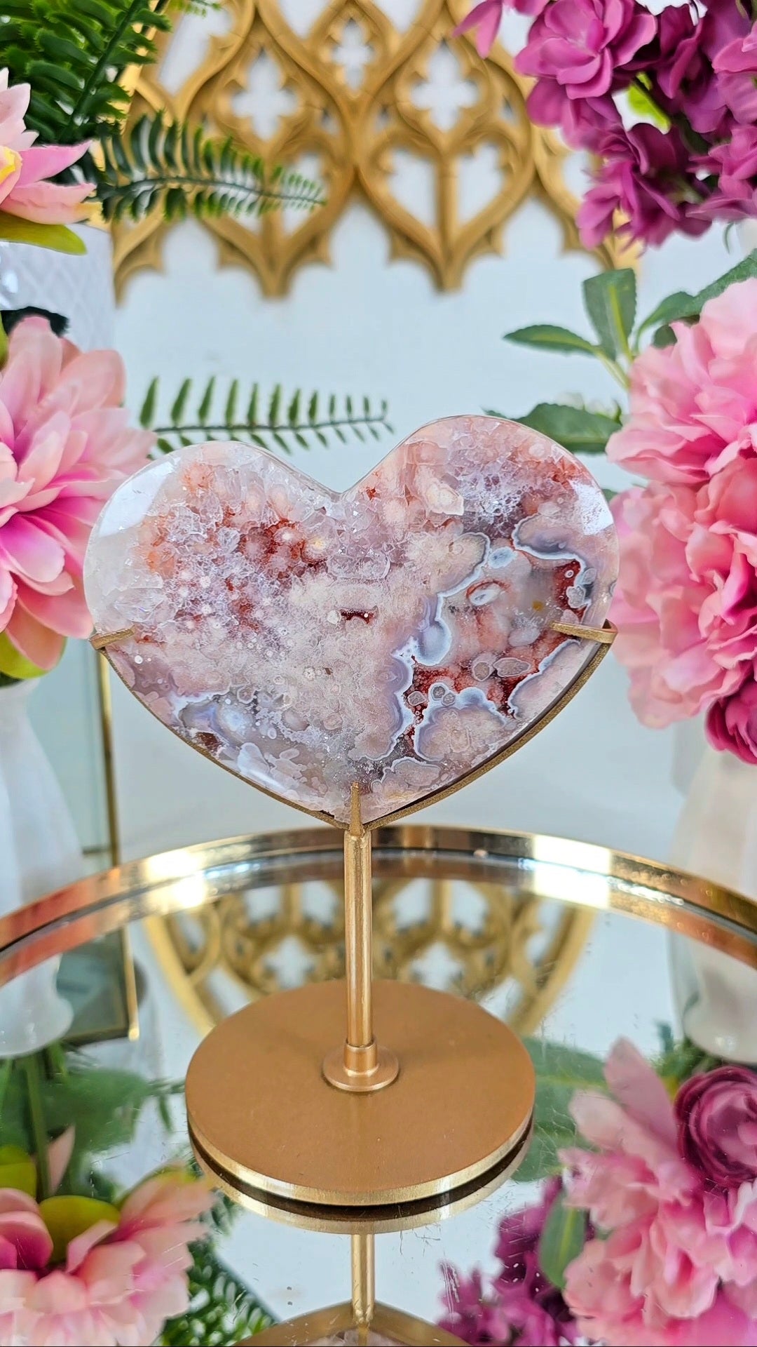 Pink Amethyst x Flower Agate Heart on Stand 14