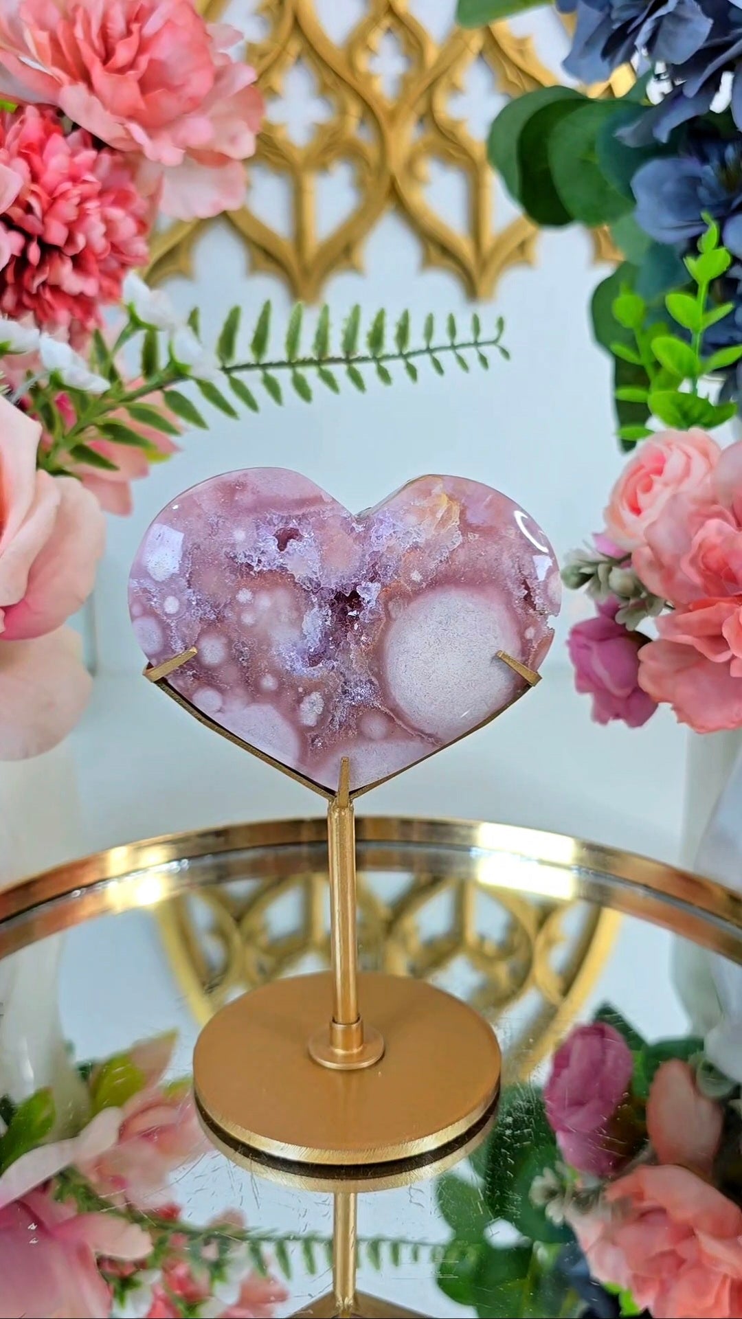 Pink Amethyst x Flower Agate Heart on Stand 15