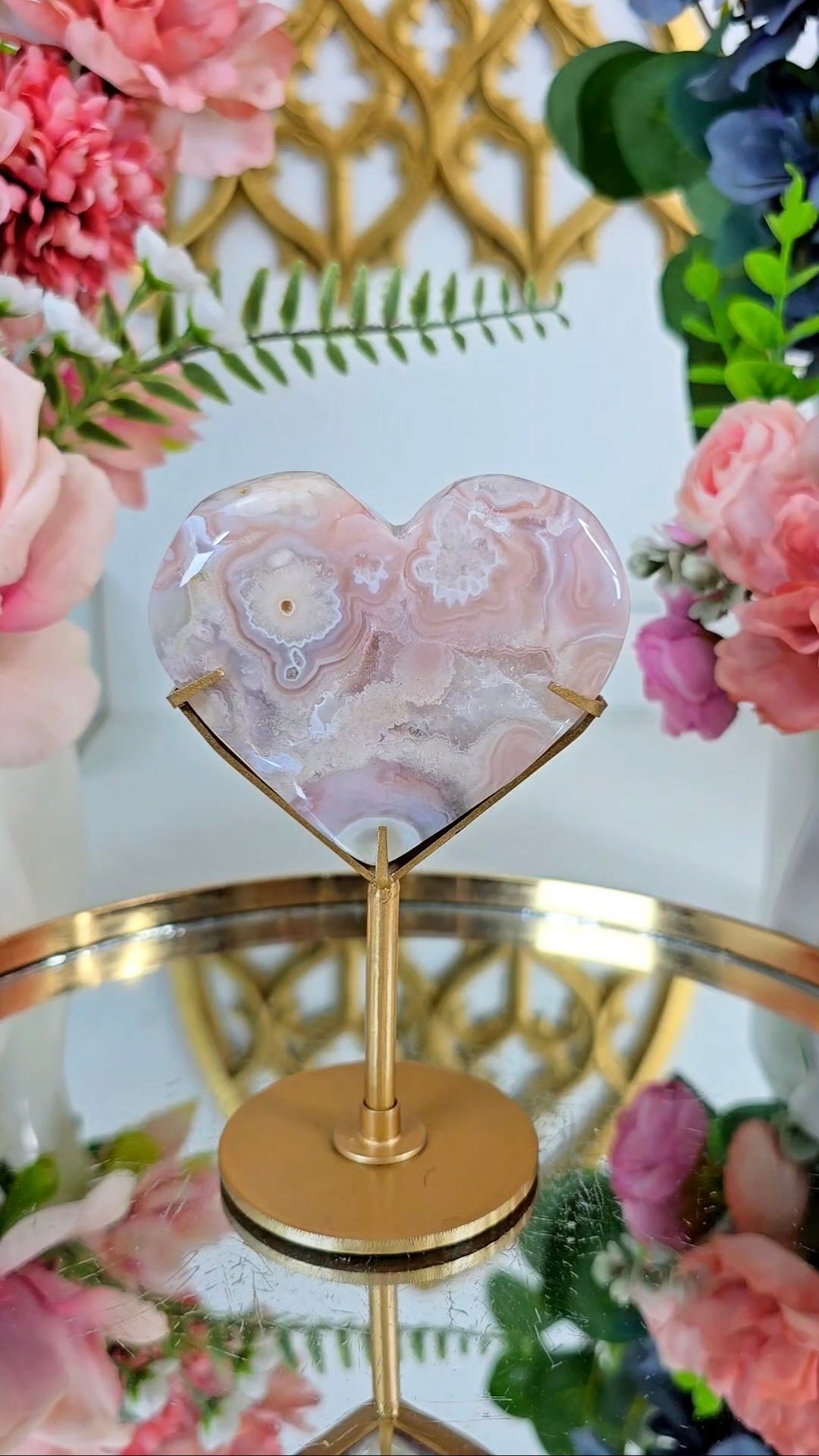 Pink Amethyst x Flower Agate Heart on Stand 16