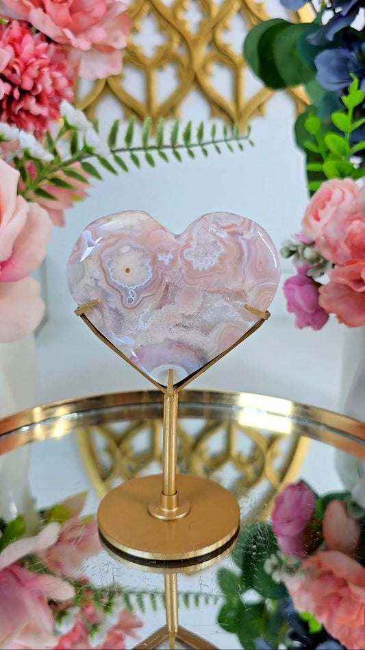 Pink Amethyst x Flower Agate Heart on Stand 16