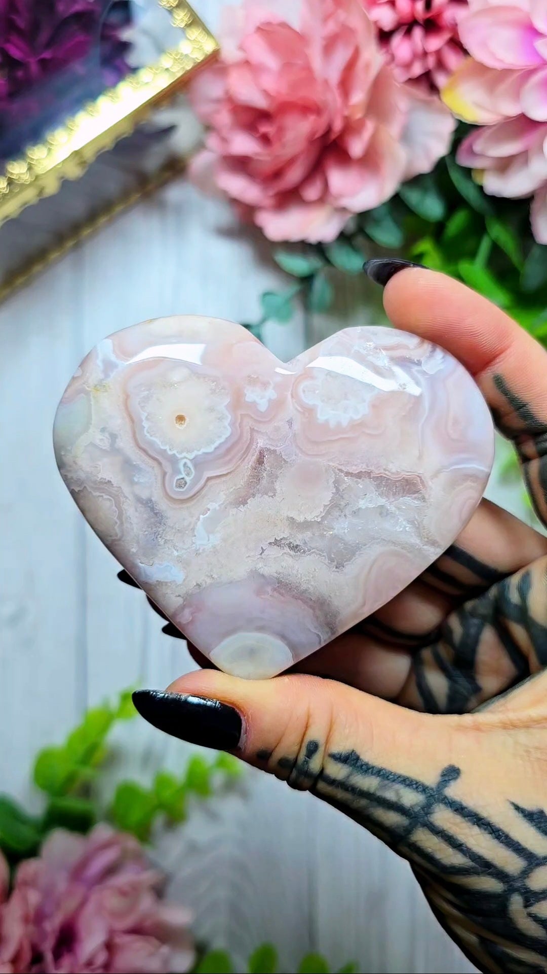 Pink Amethyst x Flower Agate Heart on Stand 16