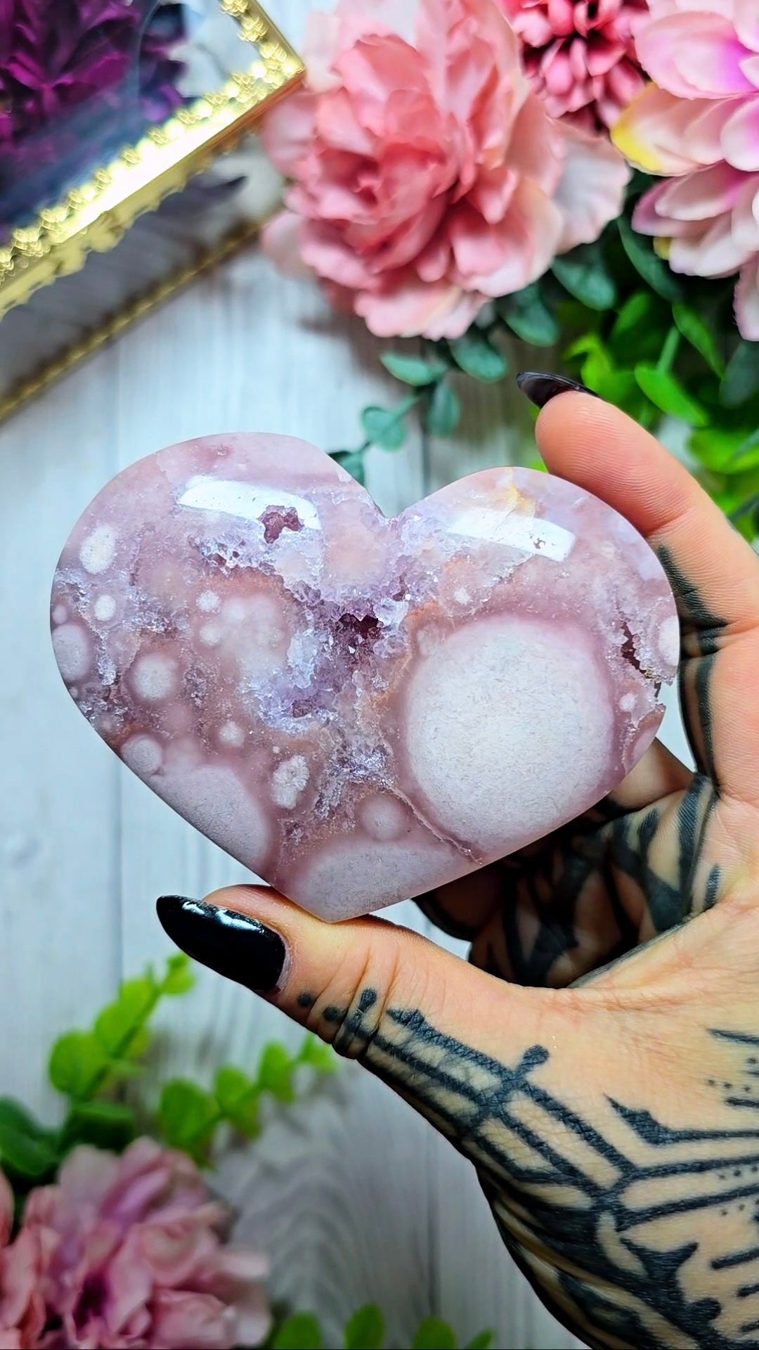 Pink Amethyst x Flower Agate Heart on Stand 15