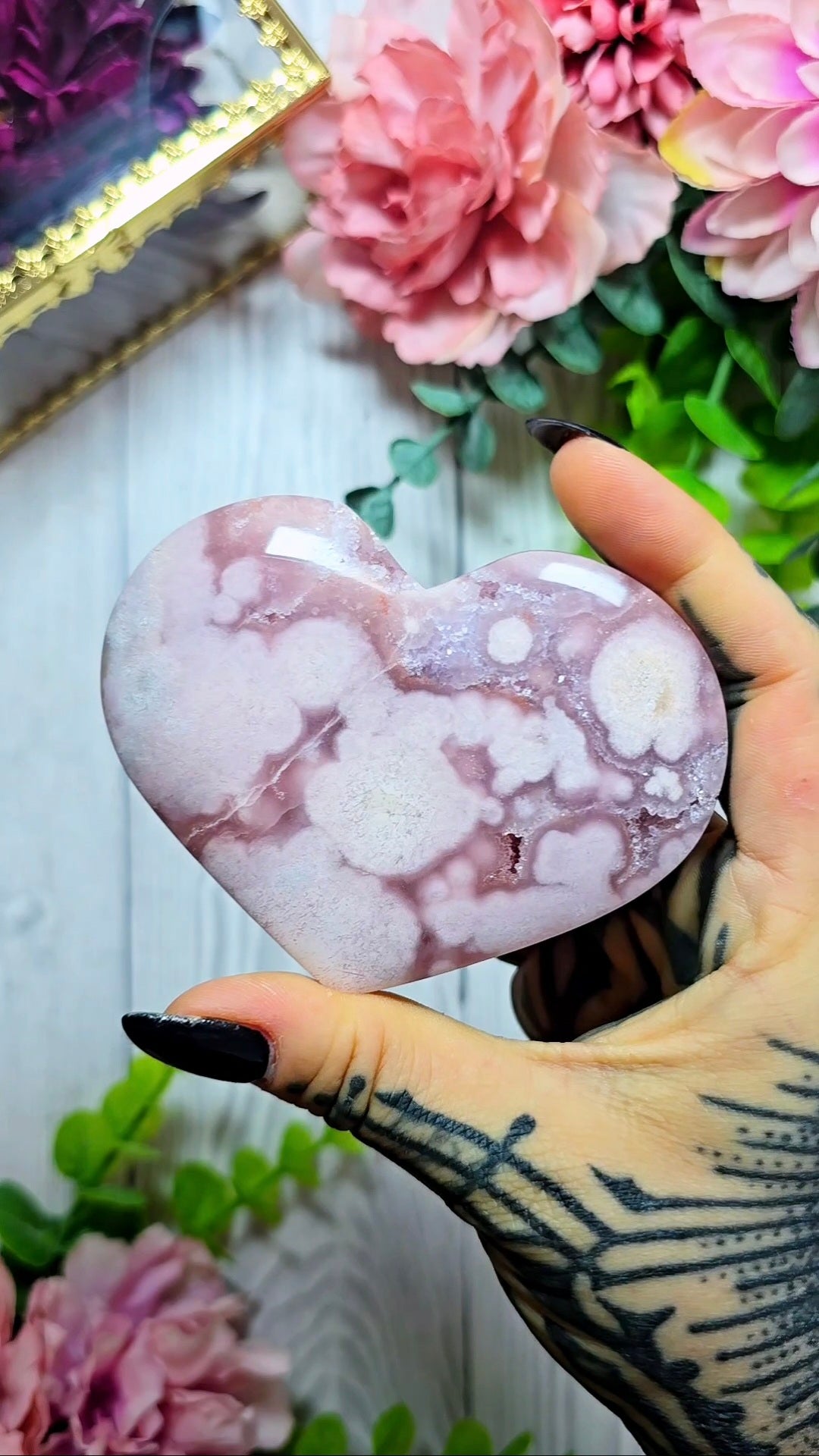 Pink Amethyst x Flower Agate Heart on Stand 15
