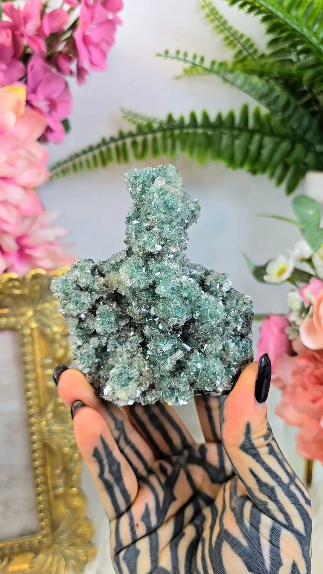 Sparkly Heulandite on Green Chalcedony (freestanding)