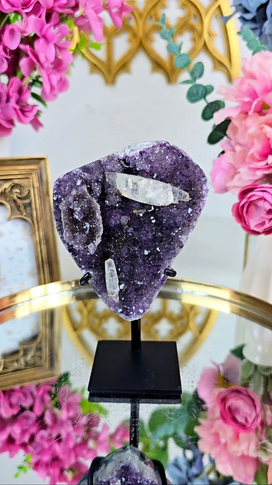 Sparkly Amethyst with Calcite on Stand 262