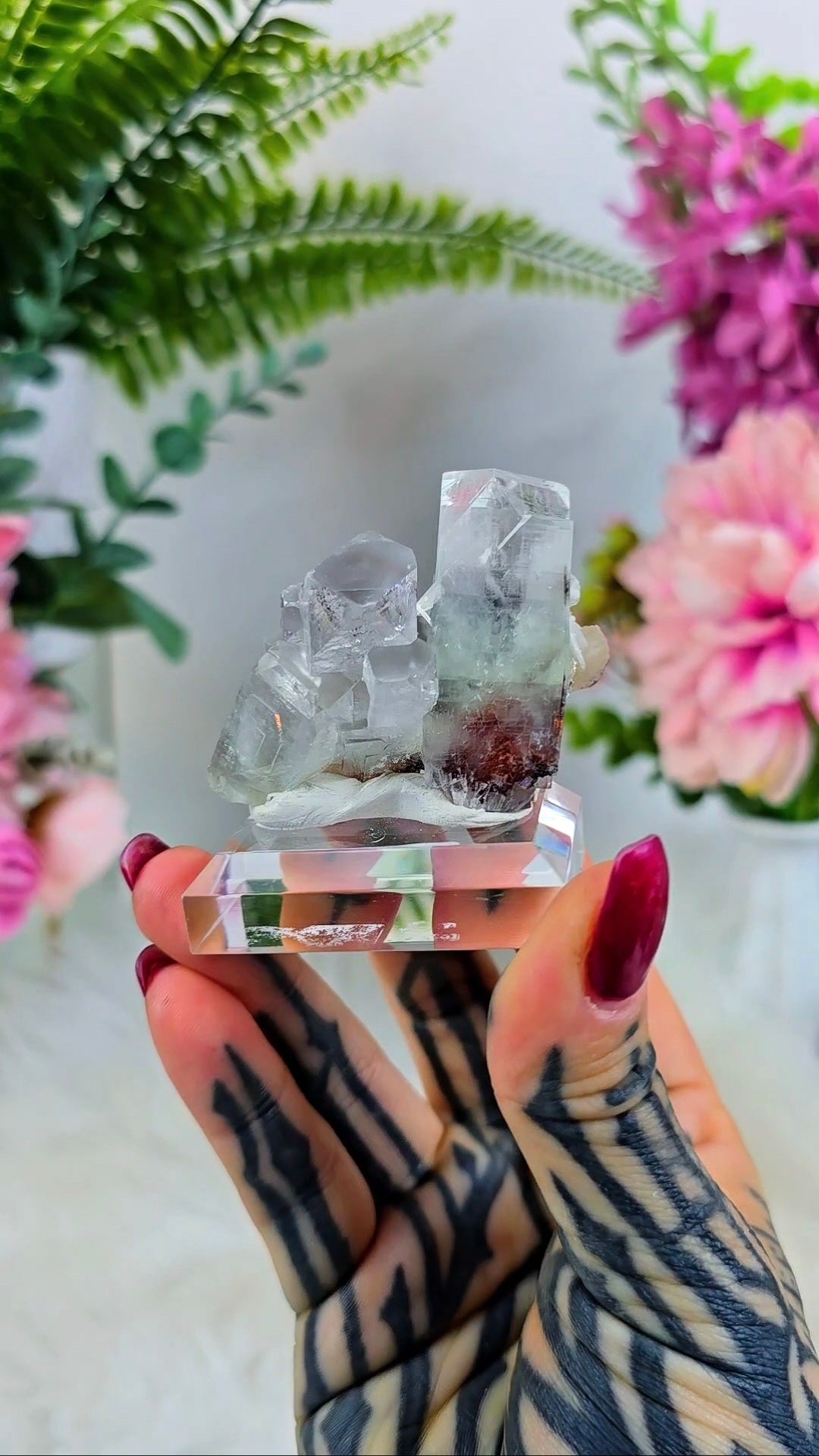 Glassy Apophyllite with Scolecite & Hematite inclusions on Base 03