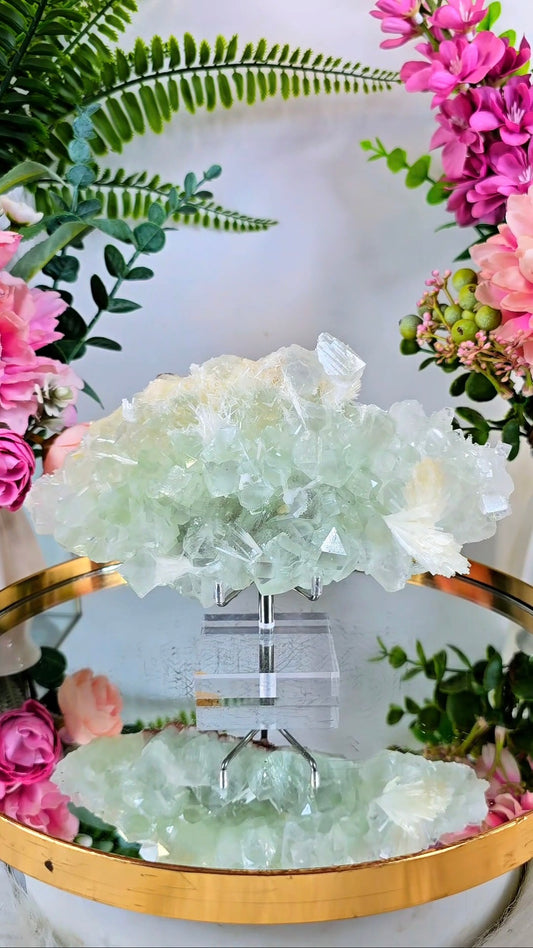 Glassy Apophyllite with Scolecite & Hematite inclusions on Stand 09
