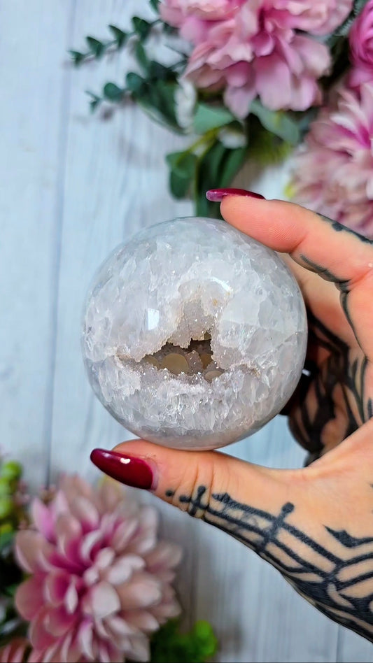 Druzy Quartz Sphere with botryoidal Calcite CS375
