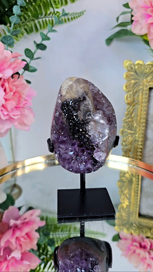 Sparkly Calcite on Amethyst on Stand 276