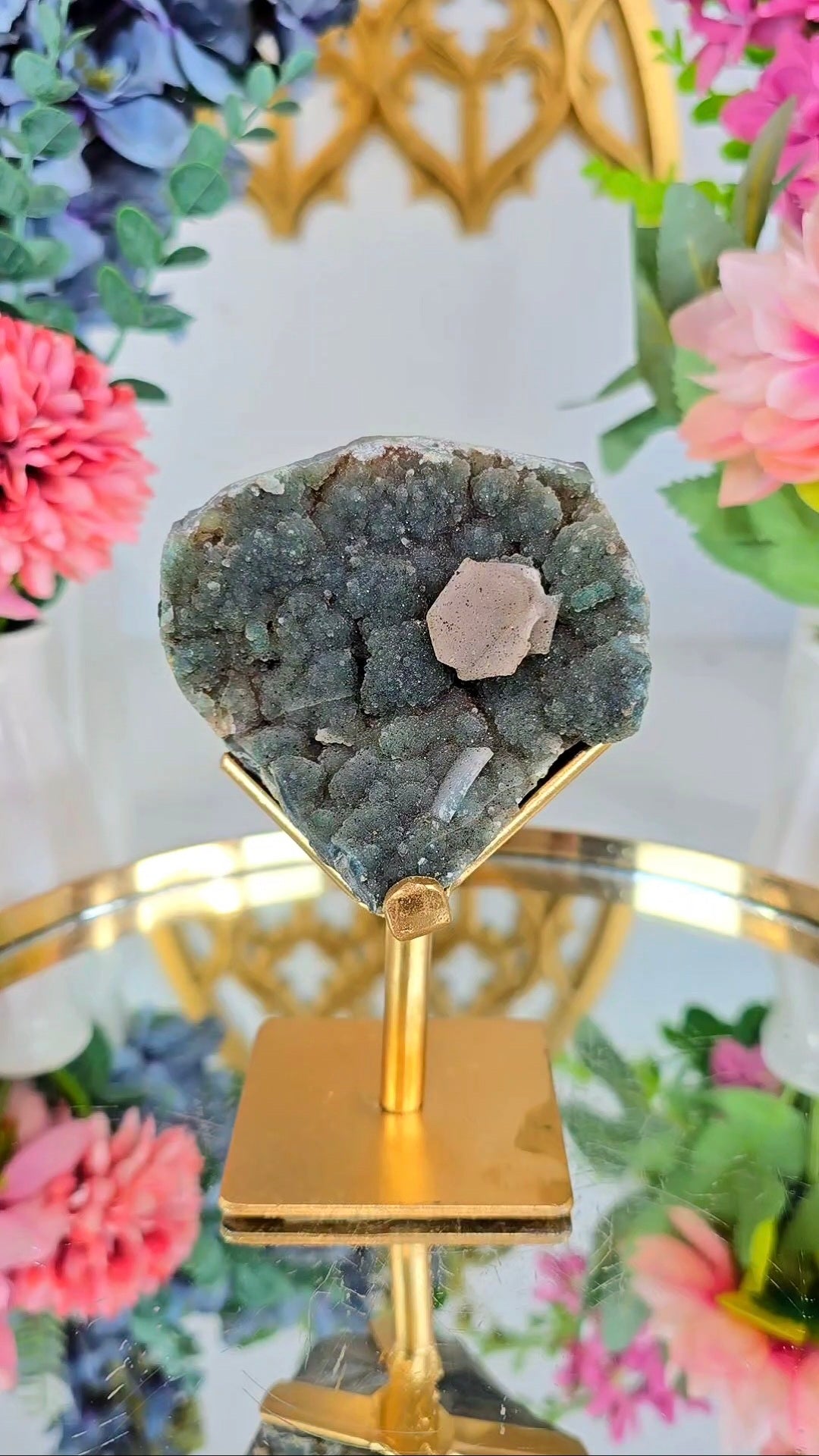 Green Chalcedony with Calcite on Stand