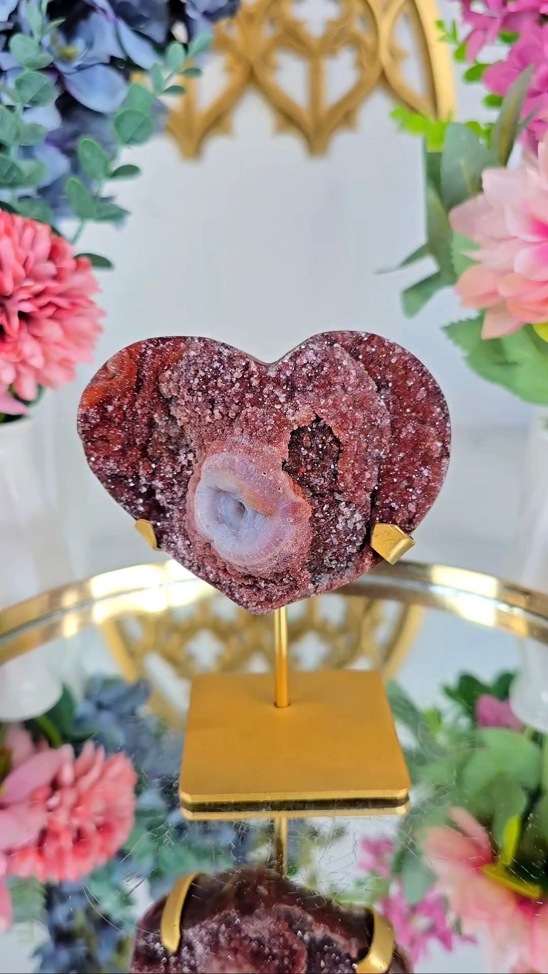 Sparkly red Chalcedony Heart on Stand 01