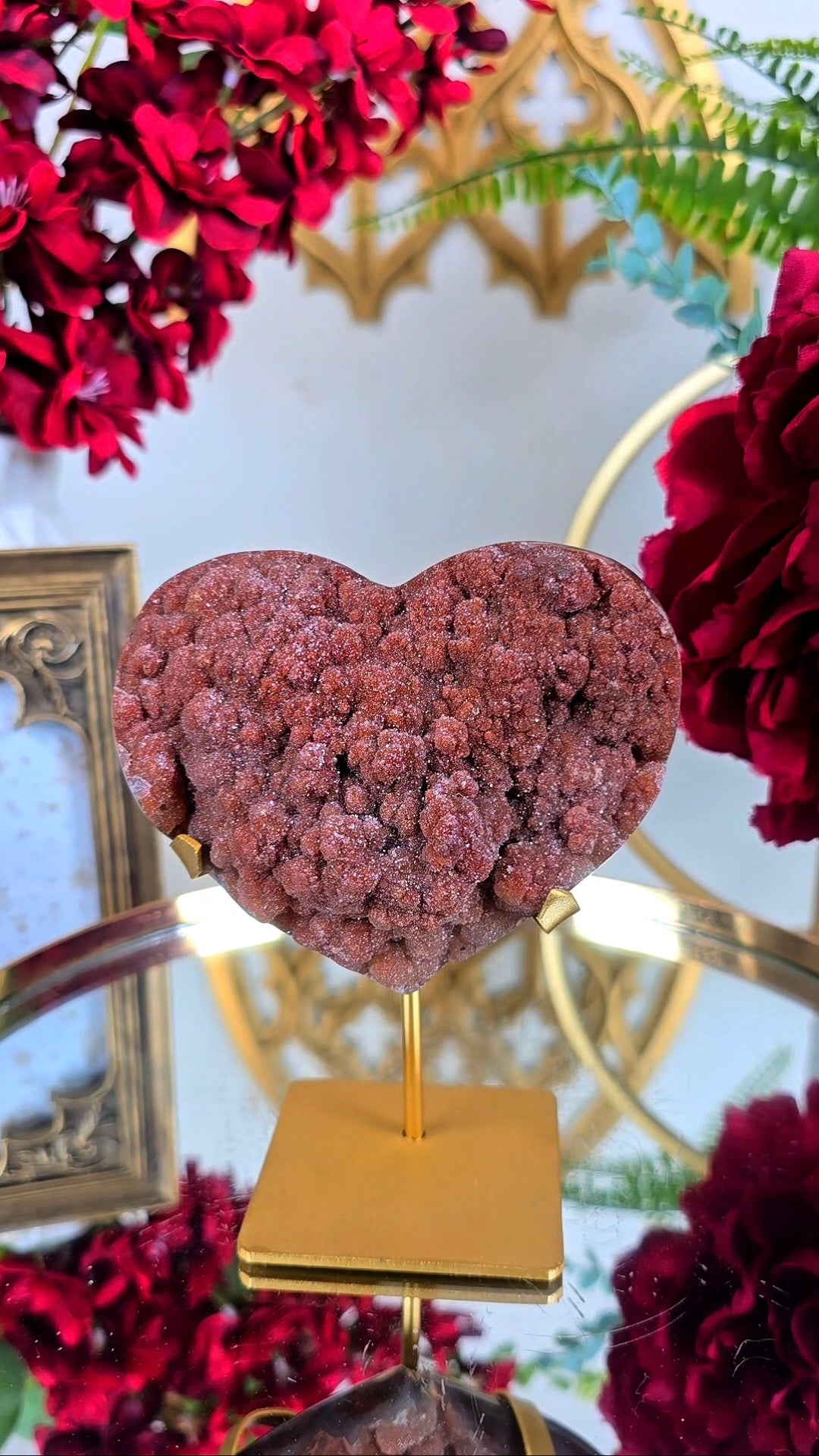 Sparkly red Chalcedony Heart on Stand 06